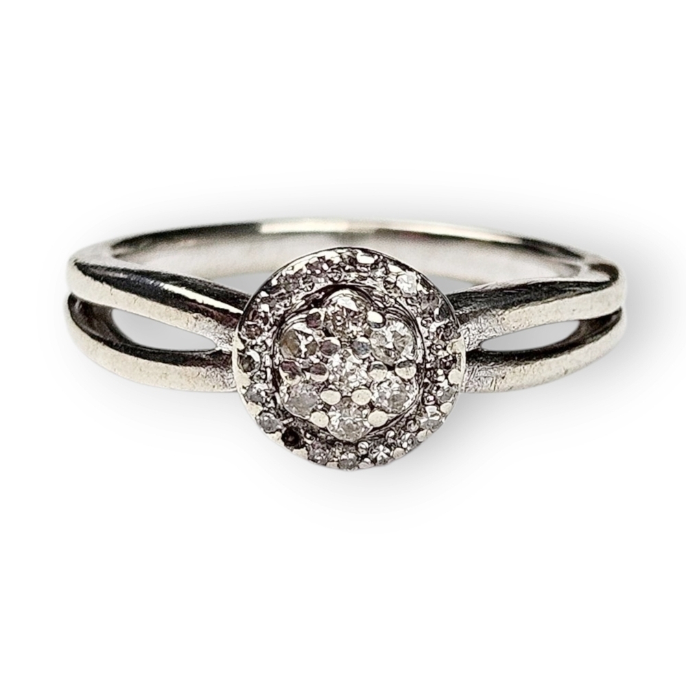 Genuine Diamond Sterling Flower Ring Split Shank 925 Silver JWBR Size 6.75 FLAW